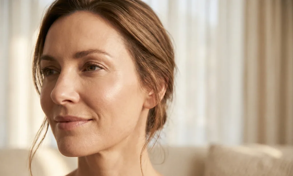 Firm glowing skin after collagen biostimulators Sculptra and Radiesse