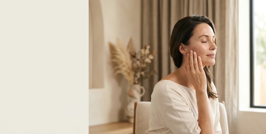Woman with radiant skin during non-surgical facial rejuvenation at Be Dharma Clinic, Medellin