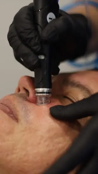 Close-up HydraFacial treatment using a suction tip at Clínica Be Dharma in Medellín