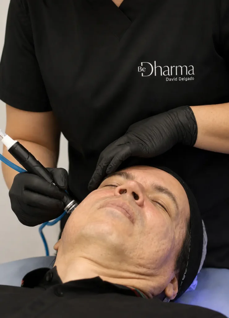 Man receiving a HydraFacial treatment at Clínica Be Dharma in Medellín