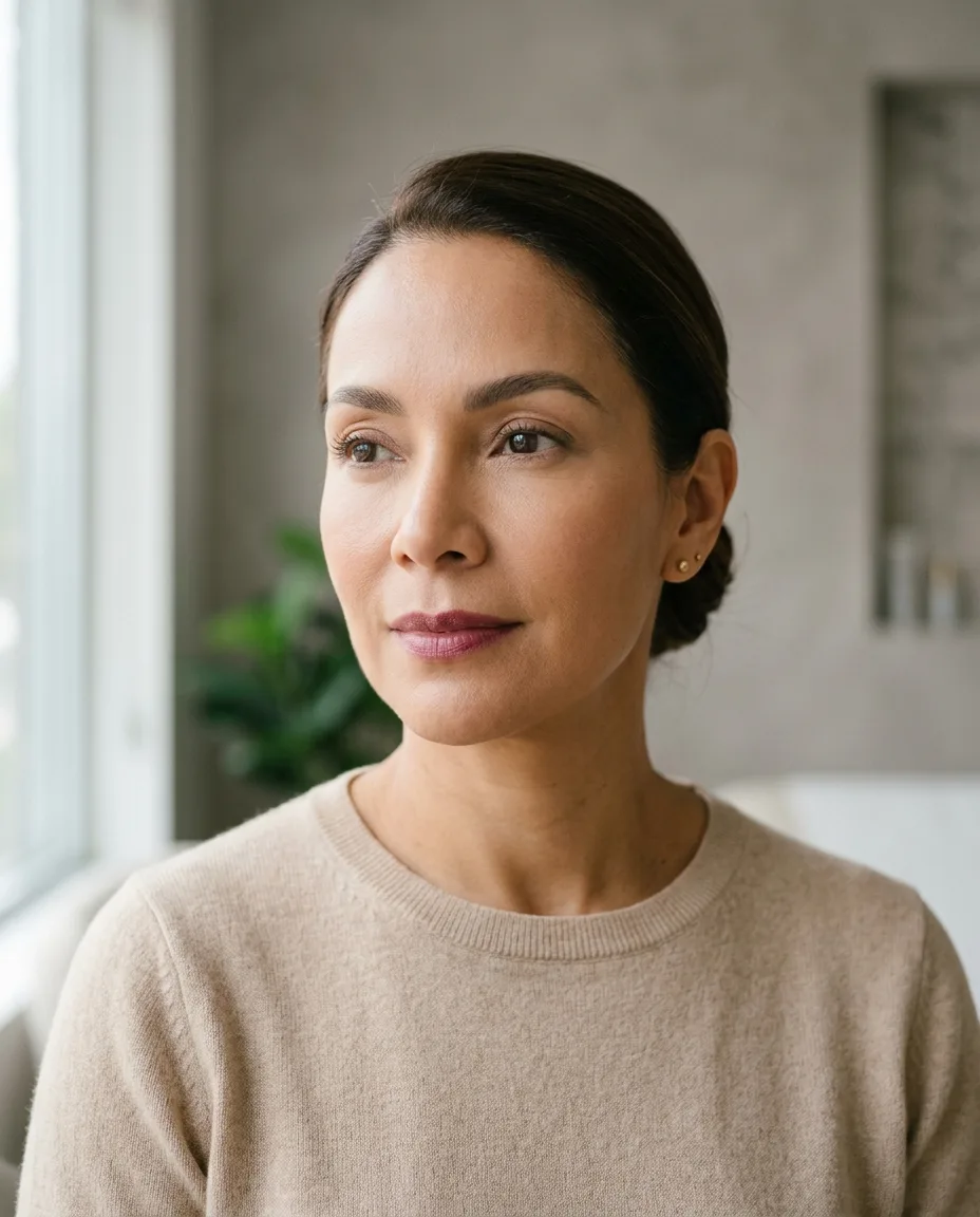 Mujer de unos 45 años con la mirada descansada y las cejas levantadas de forma natural, imagen ilustrativa